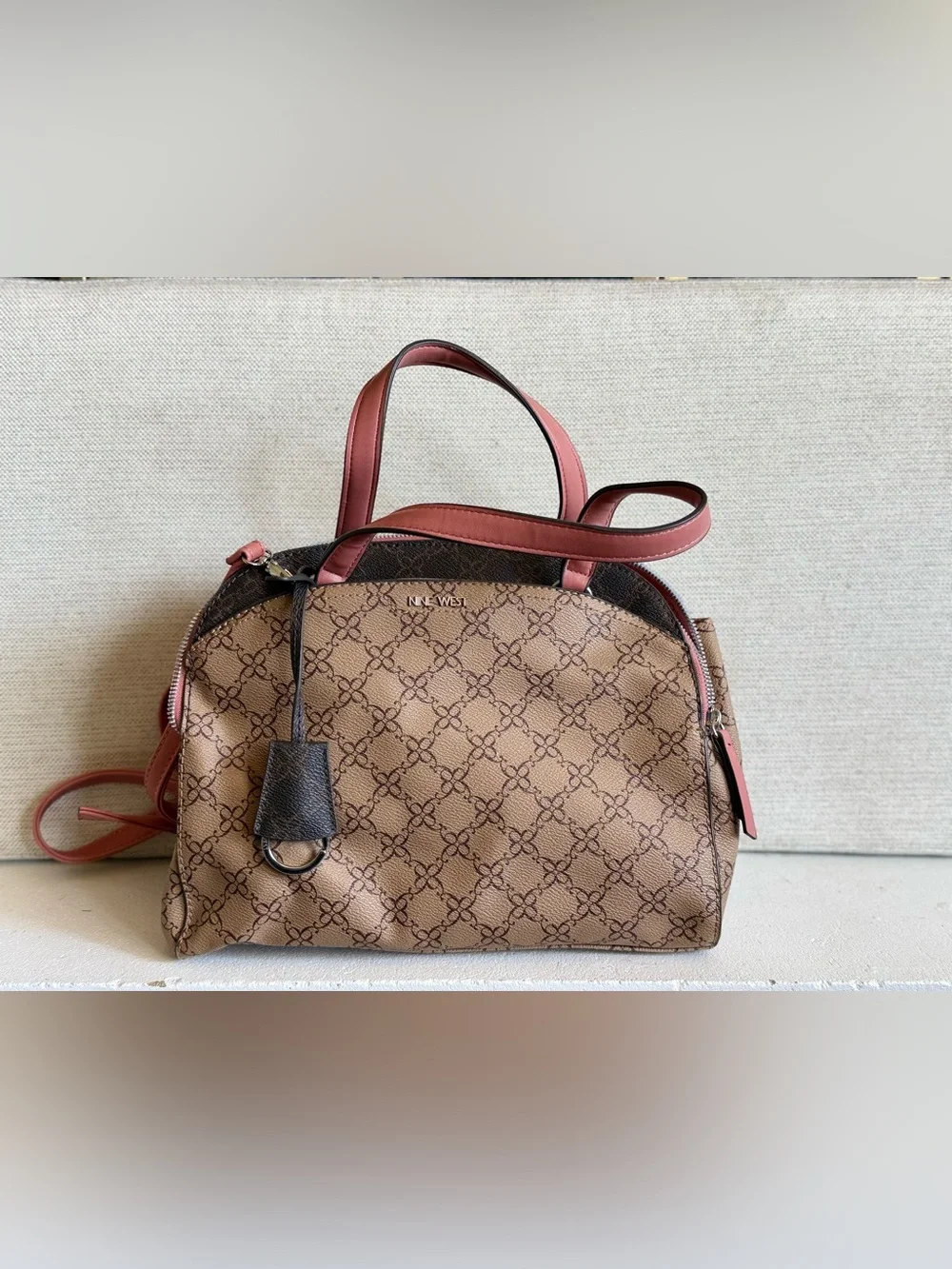 Nine West Brown Monogram Satchel with Pink Trim